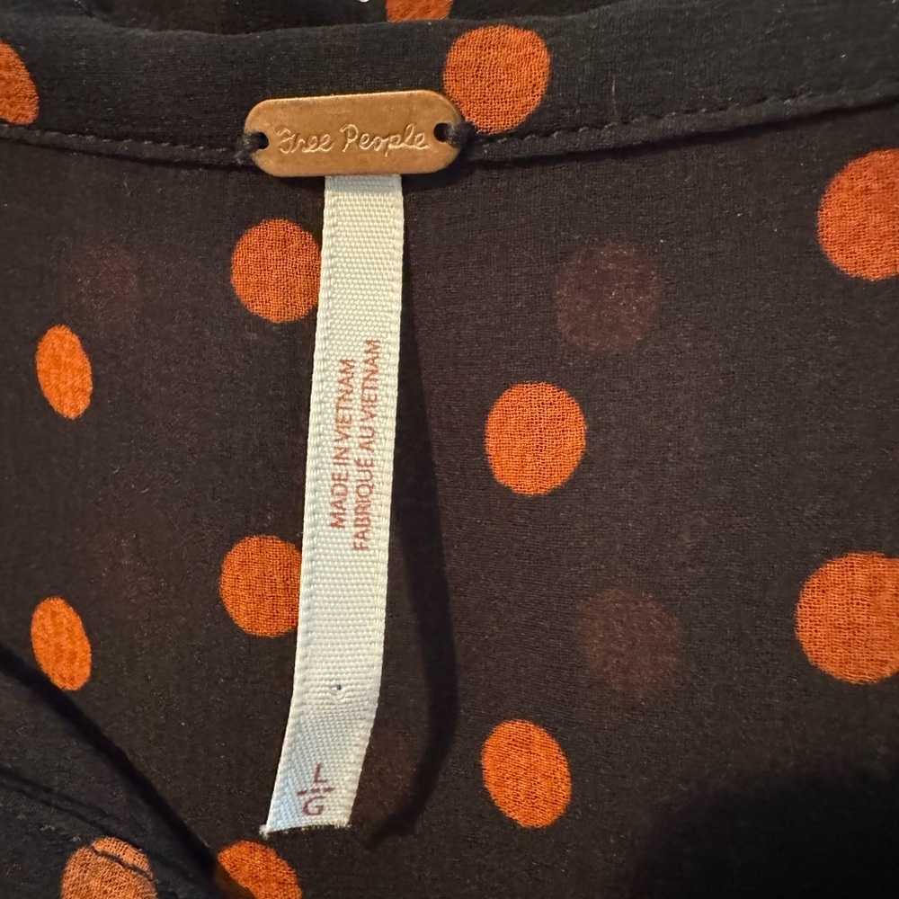 Free People Ciara Black with Orange Polka Dot Button Down Blouse - Size L - Picture 6 of 8